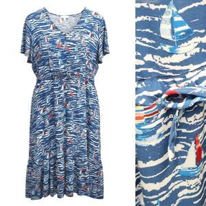 Stitch by Chenault Sailboat Midi Dress Womens XXL Blue Red Front Tie Resort Wear